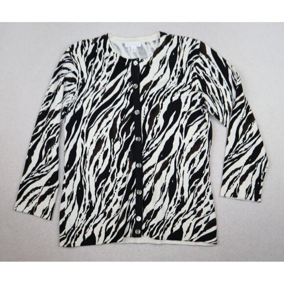CHARTER CLUB - BLACK BROWN IVORY ZEBRA PRINT 3/4 SLEEVE CARDIGAN SWEATER - M - Picture 1 of 7